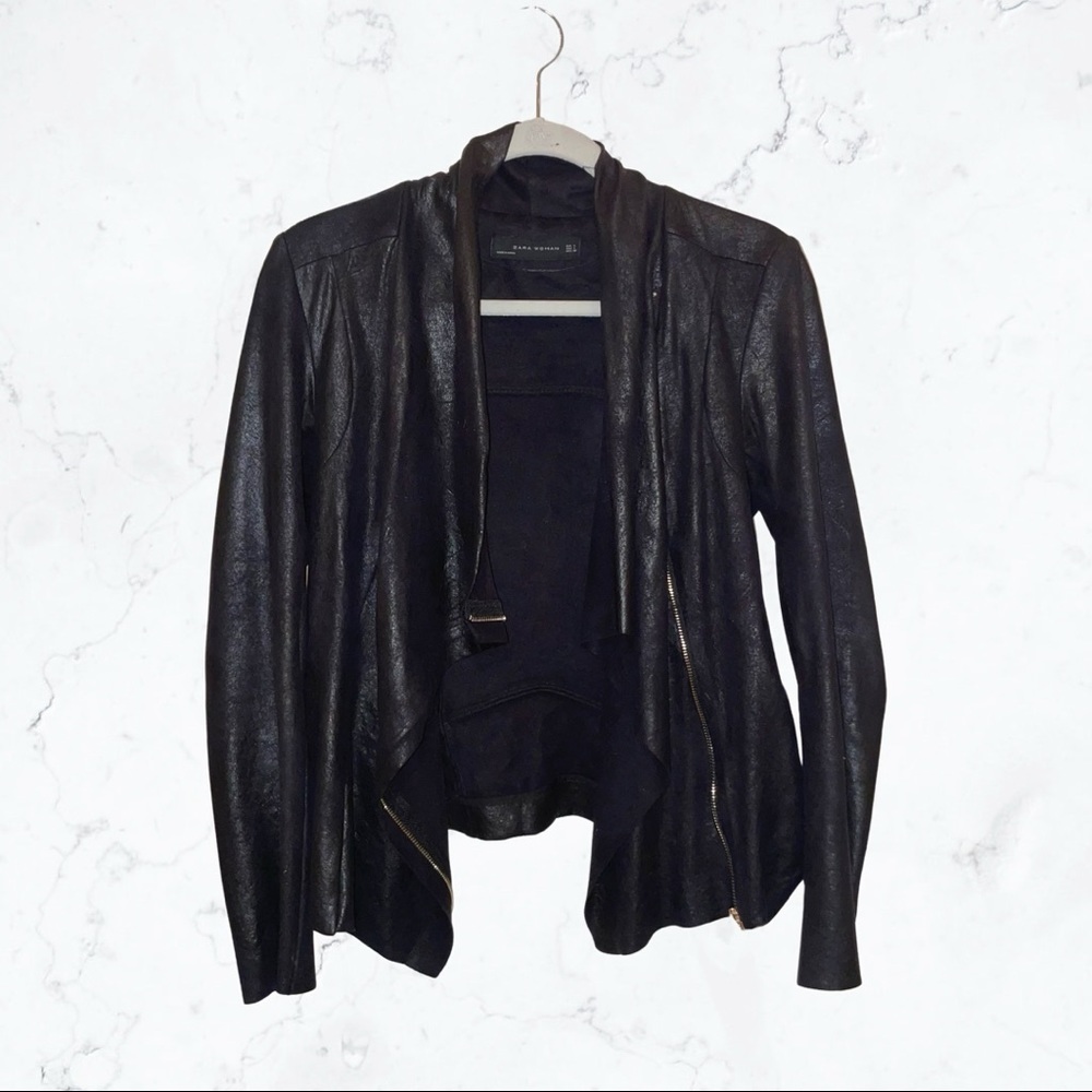 Zara Suede Leather Drape-Front Jacket